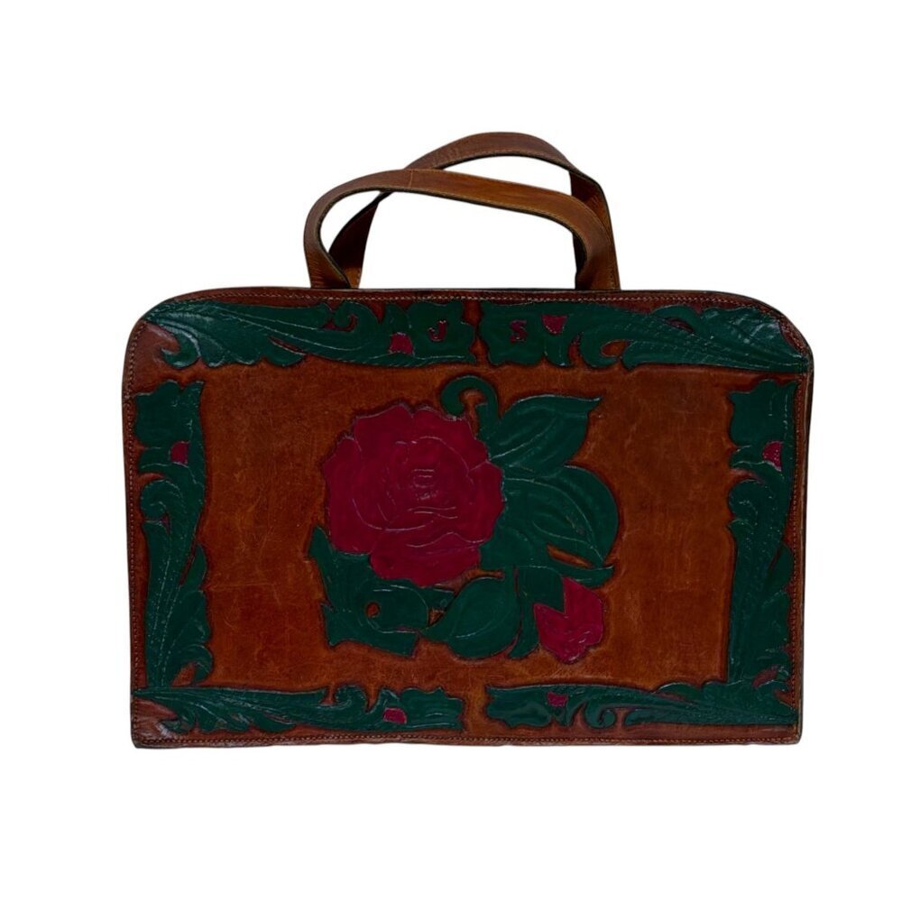 VTG Handmade Full Grain Leather Laptop Briefcase Western Rose Dual Compartments